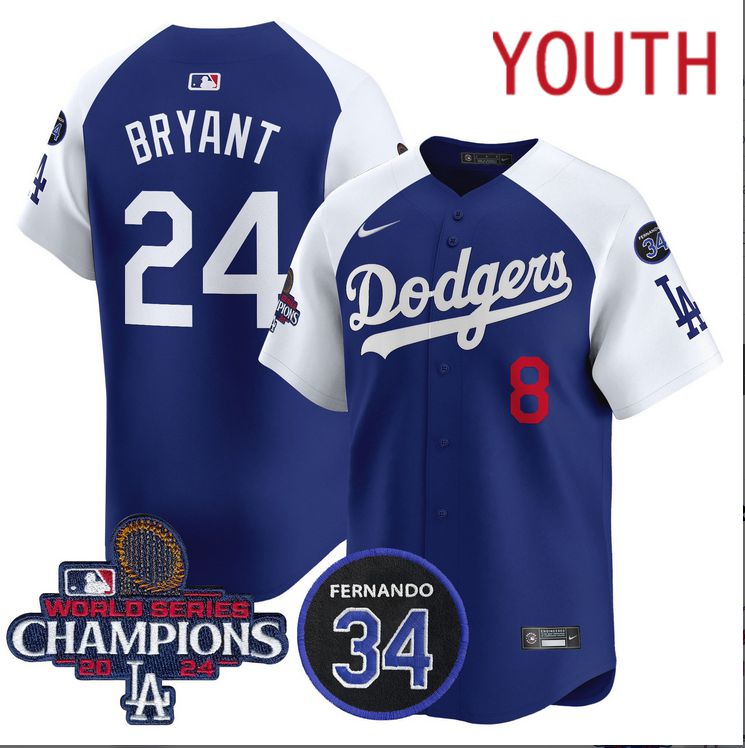 Youth  MLB Los Angeles Dodgers #24 Bryant  blue 2024 World Series Champions Patch Limited Jersey->youth mlb jersey->Youth Jersey